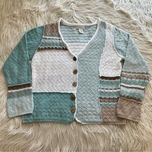 Orvis Patchwork Cardigan V-Neck Cotton Vintage Wooden Button Women's Size S